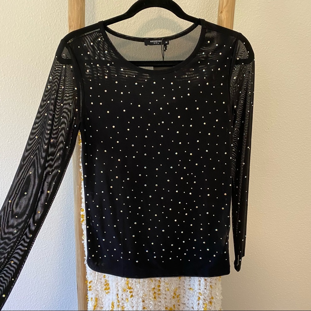 NWT black Sheer Mesh Diamond long sleeve top